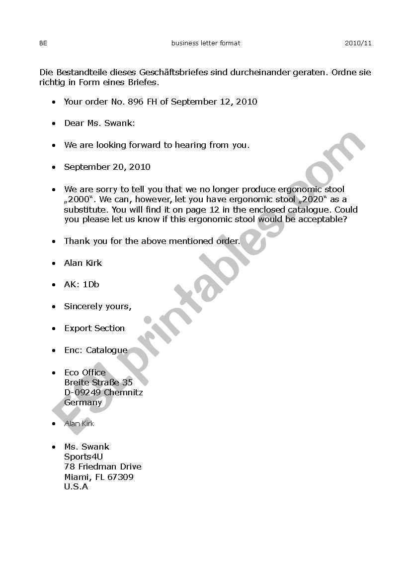 Business letter format worksheet