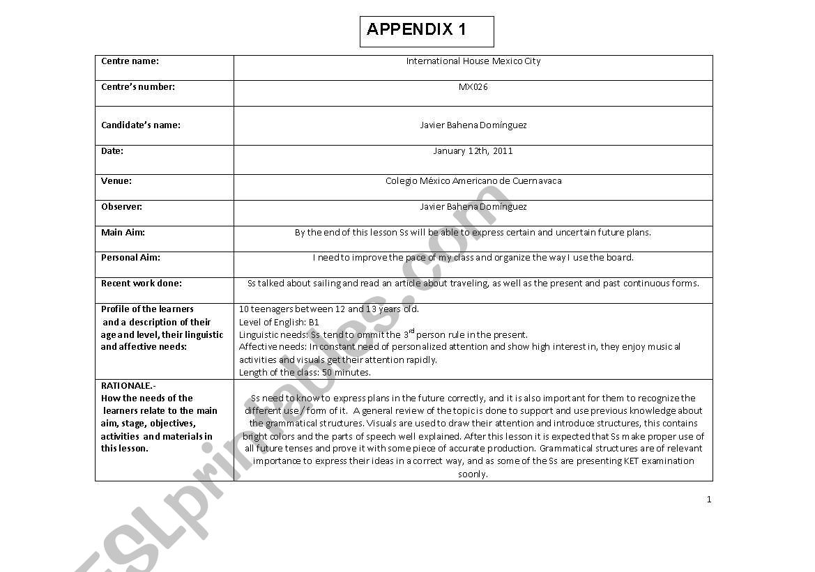 Lesson plan ICELT worksheet