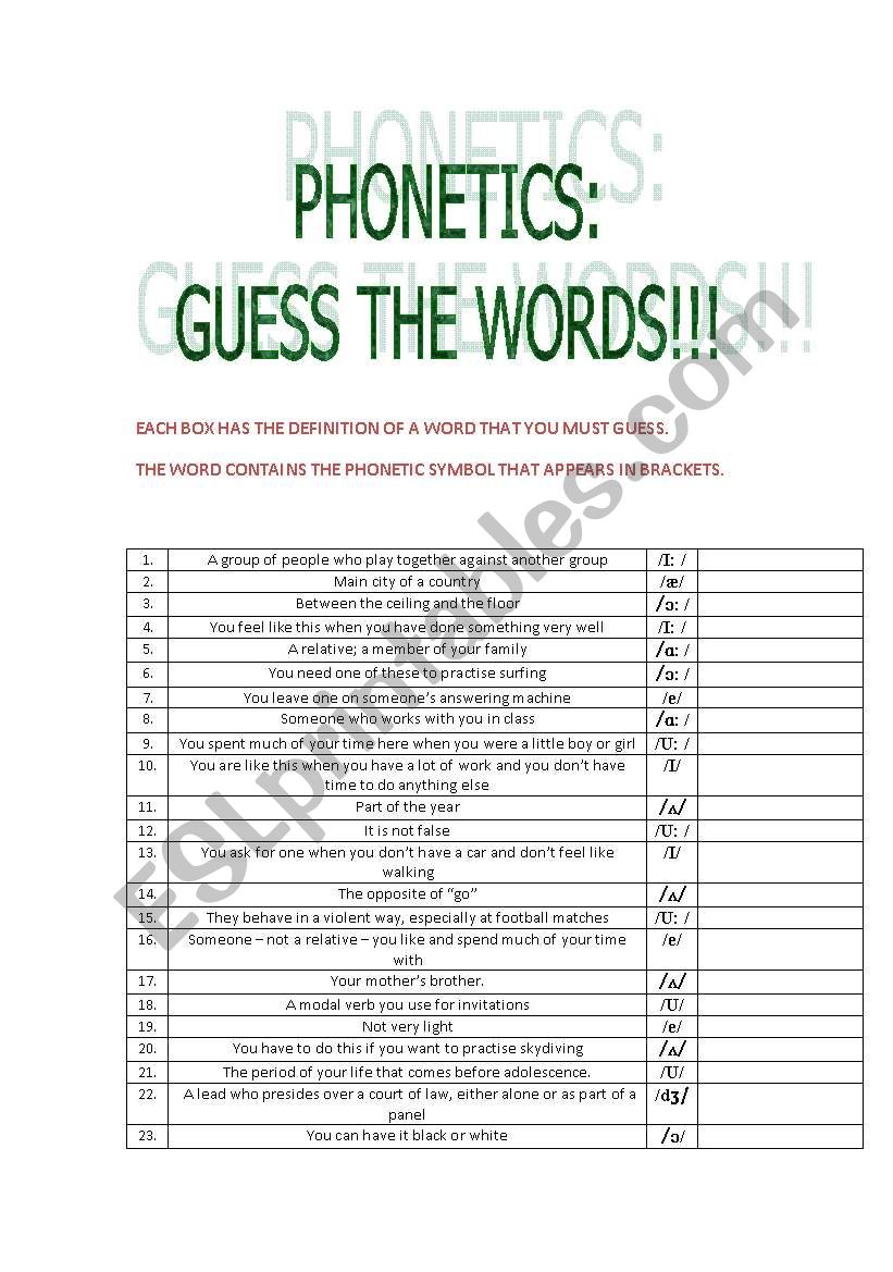 PNONETICS: GUESS THE WORDS worksheet