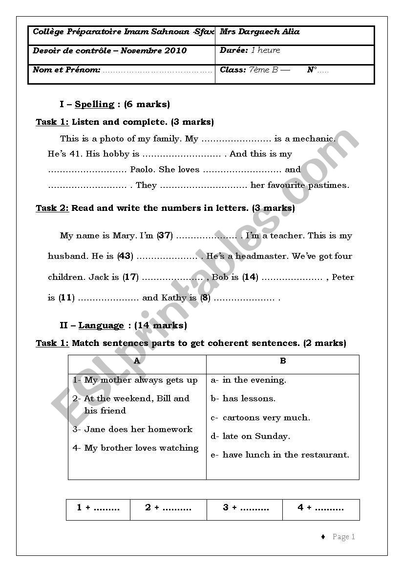 Devoir de contrÃ´le 7th NÂ°1 AnnÃ©e 2010