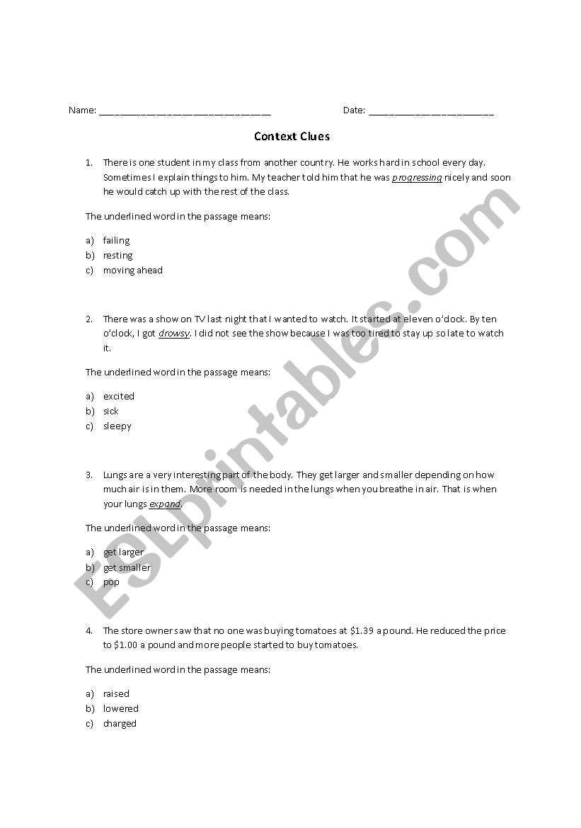 Context Clues #1 worksheet