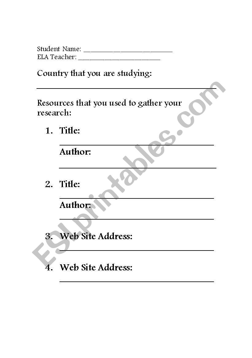 Country Research Project worksheet