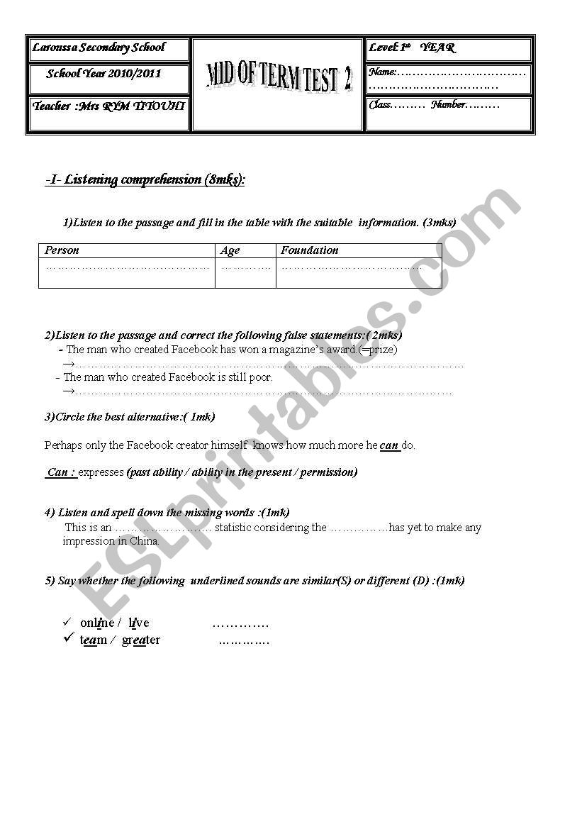 Mid of Term Test N°2 first form  tunisian pupils 
