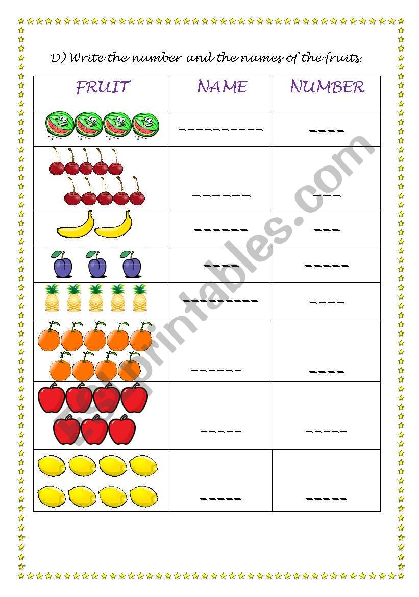 lovely fruits and numbers worksheet
