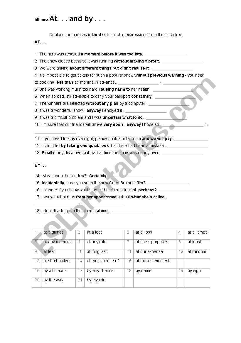 At ..., By... - idioms worksheet