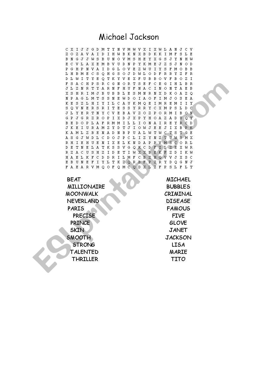 Michael Jackson Wordsearch worksheet