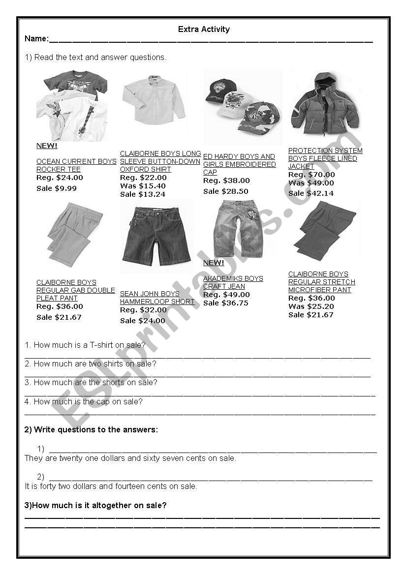 Prices and clothes worksheet