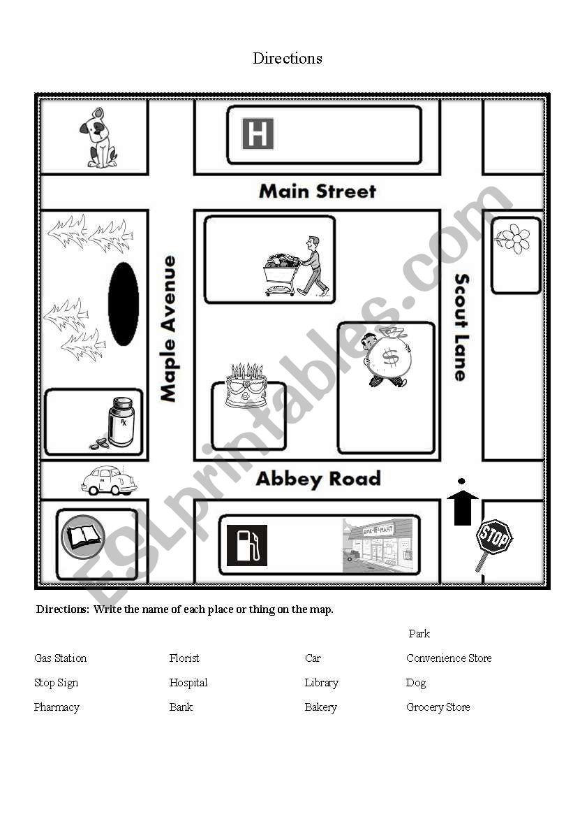 Directions with Map  worksheet