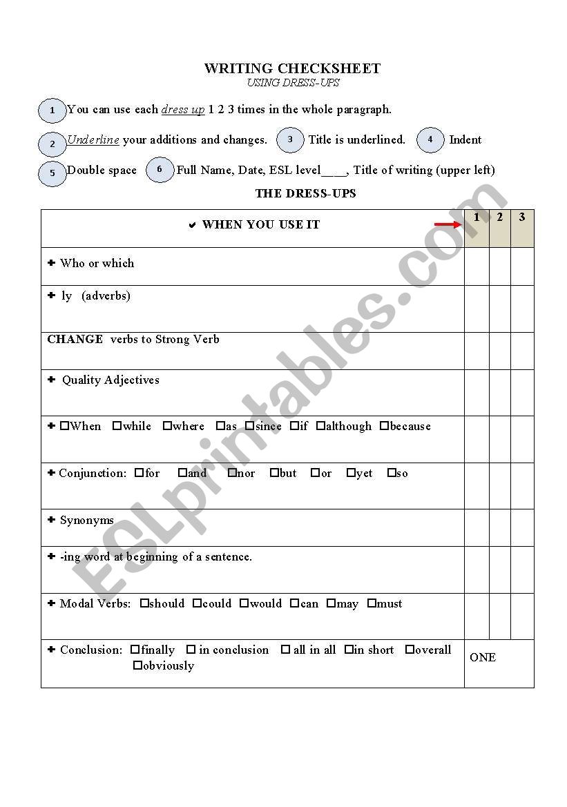 Writing check list worksheet