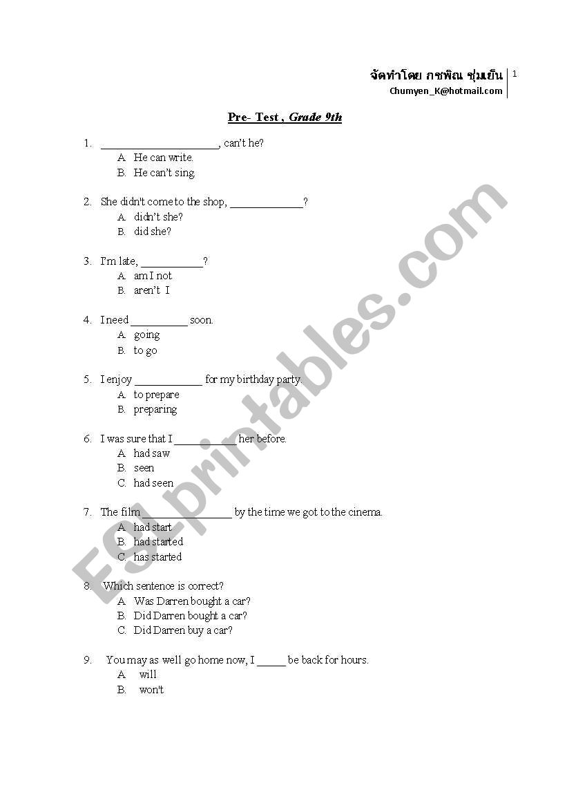 Pre test for 9th grade ESL worksheet