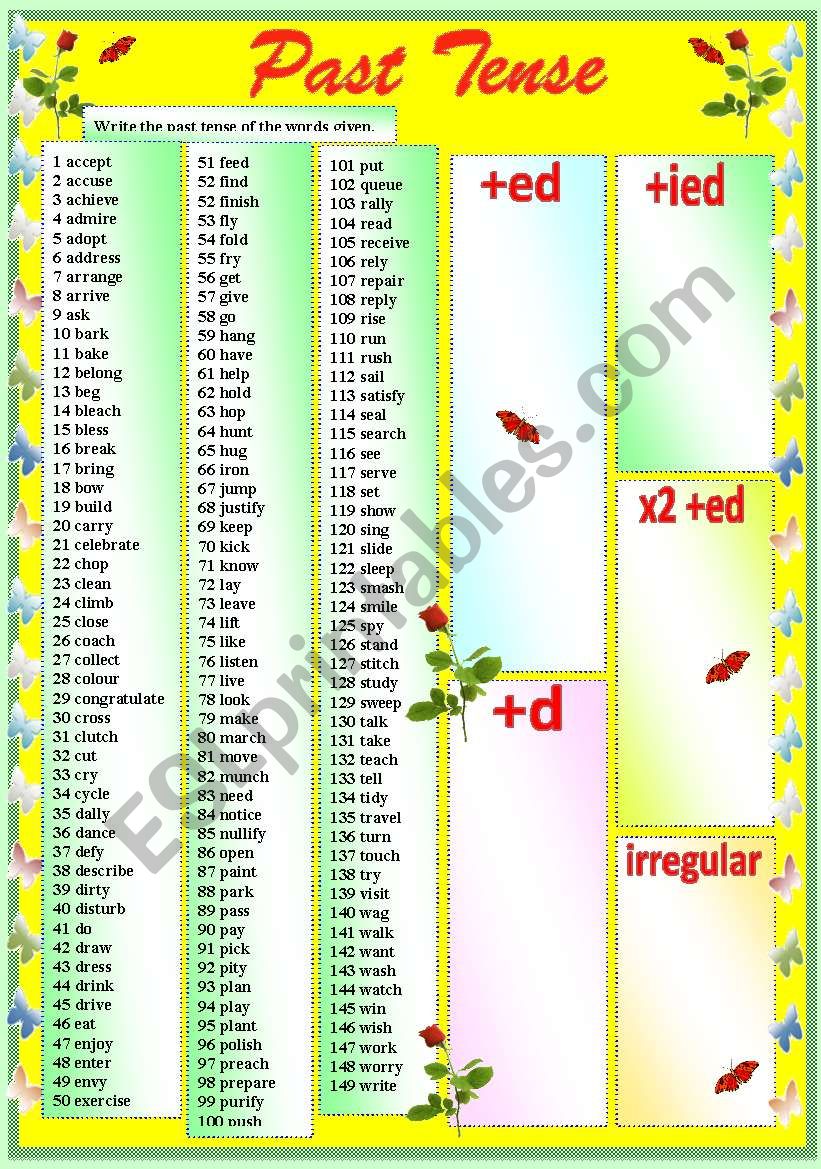 Past Tense Vocabulary with B/W and Answer Key