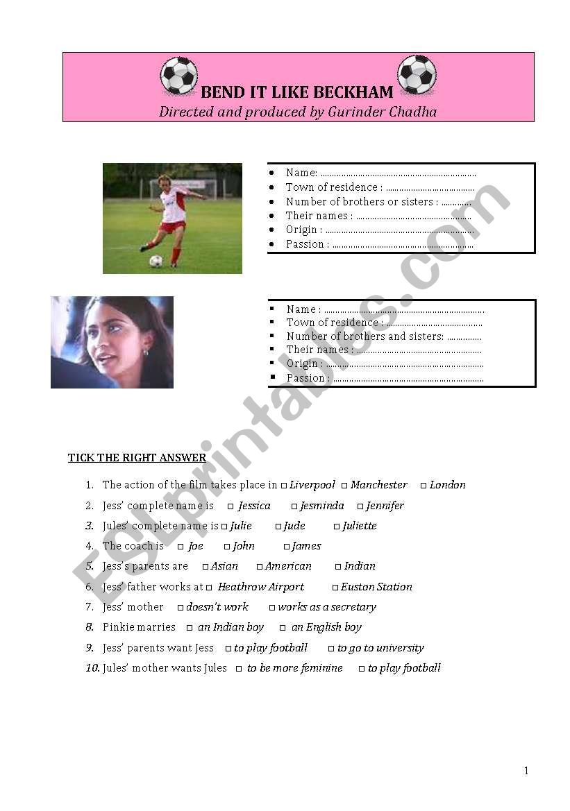 Bend It Like Beckham  worksheet