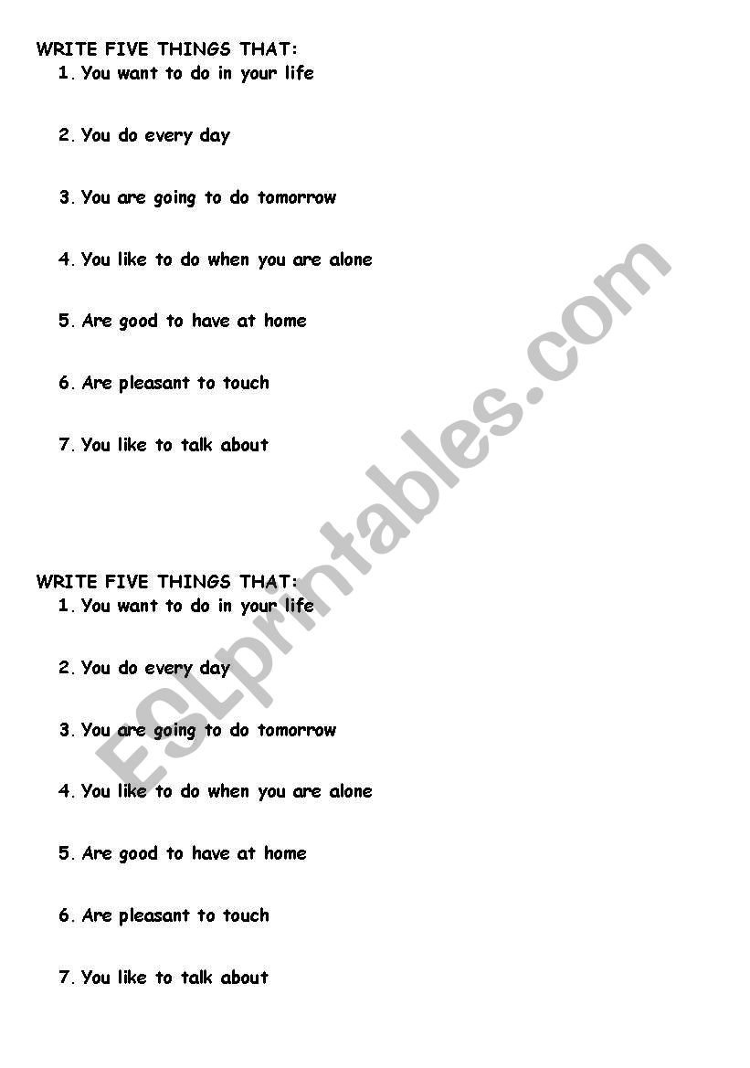 5 things worksheet