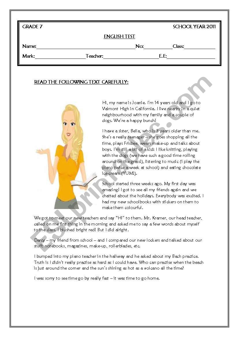 Test Grade 7 Esl Worksheet By Coasvaf