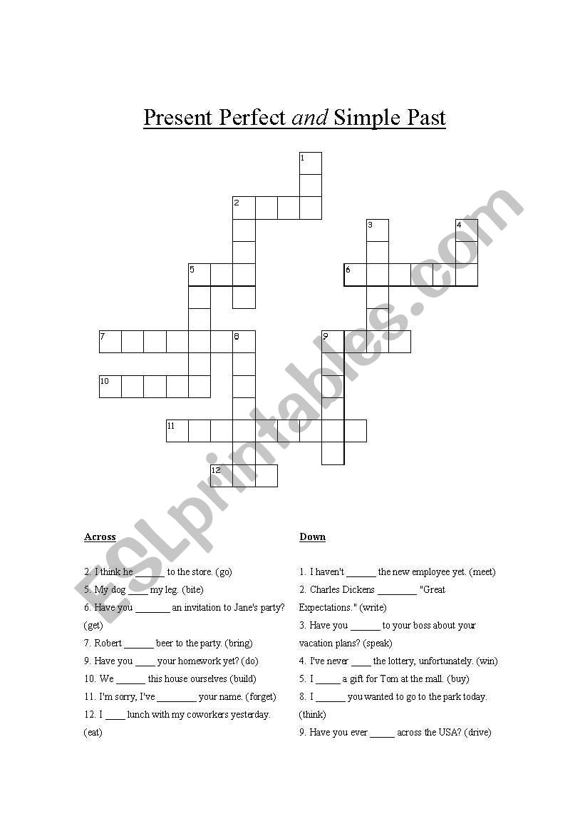 Past Tense crossword worksheet