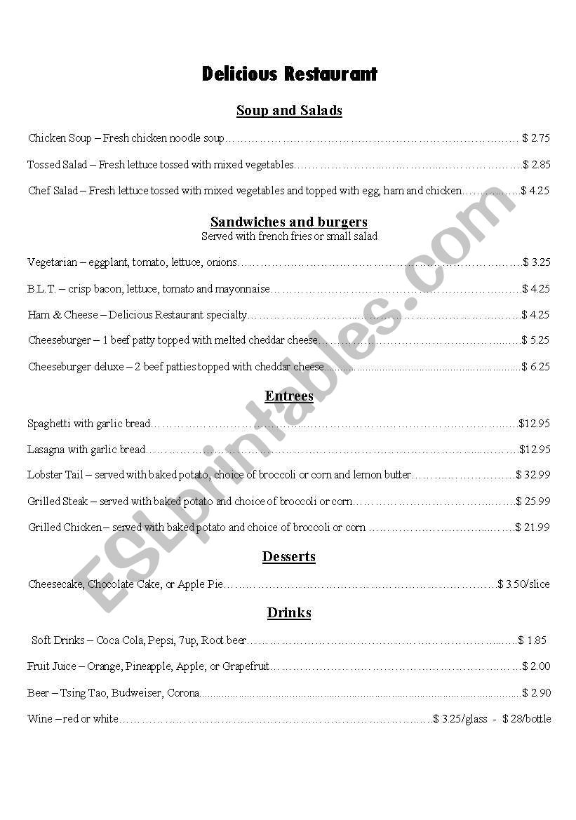 Delicious Restaurant worksheet