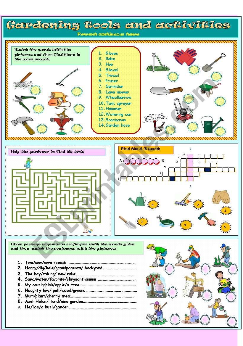 Gardening tools and activities / Present continuous tense