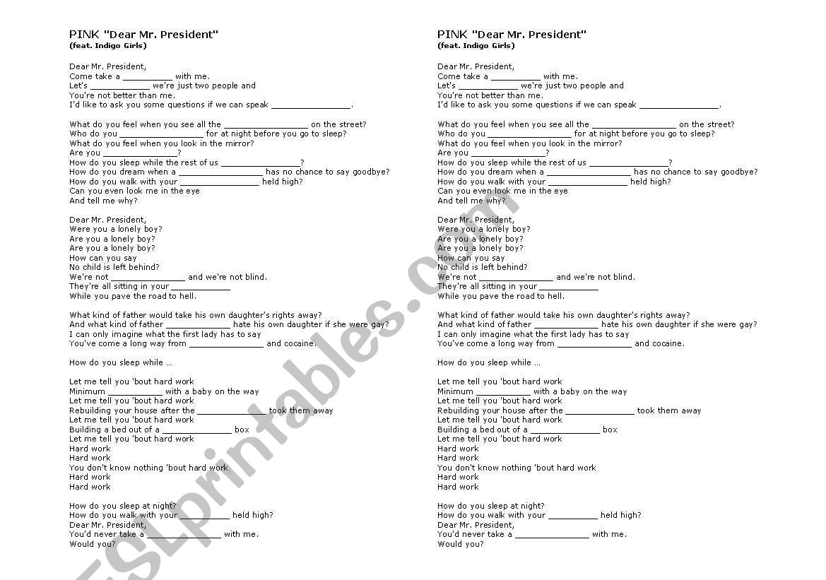 Song - Dear Mr President worksheet