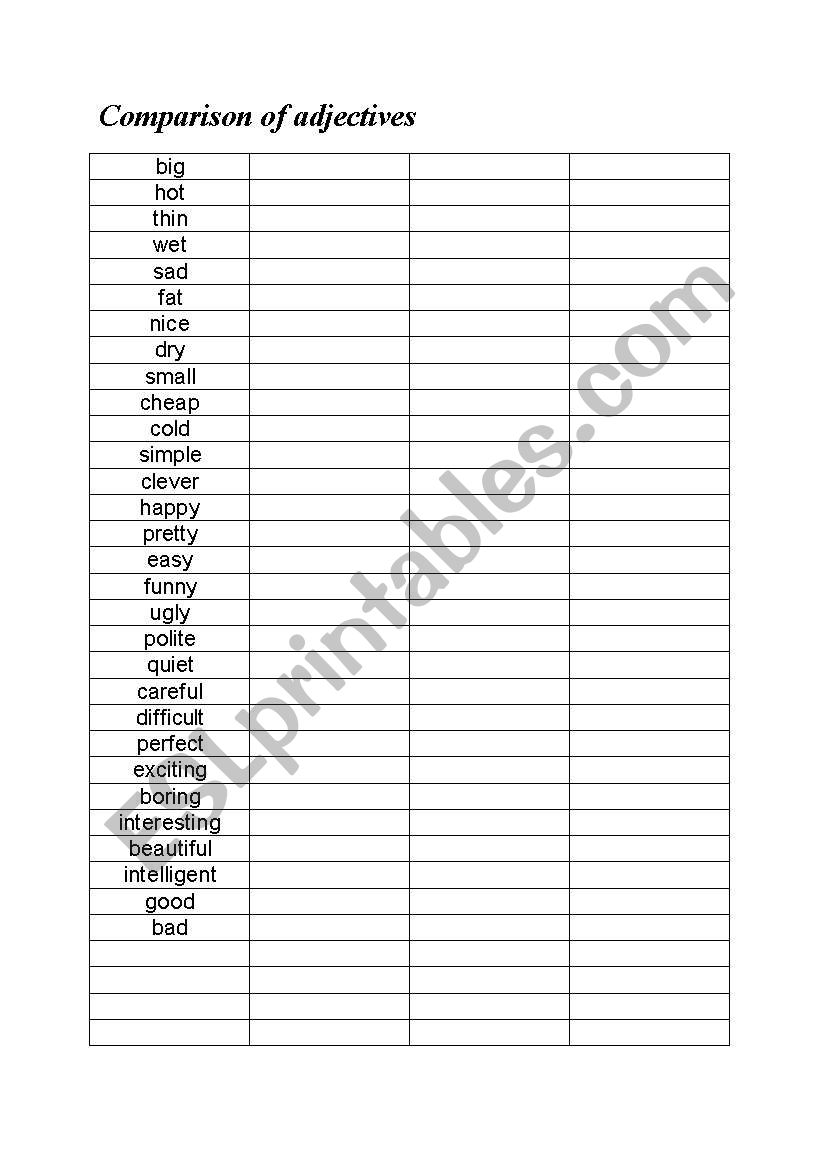 Comparison of adjectives worksheet