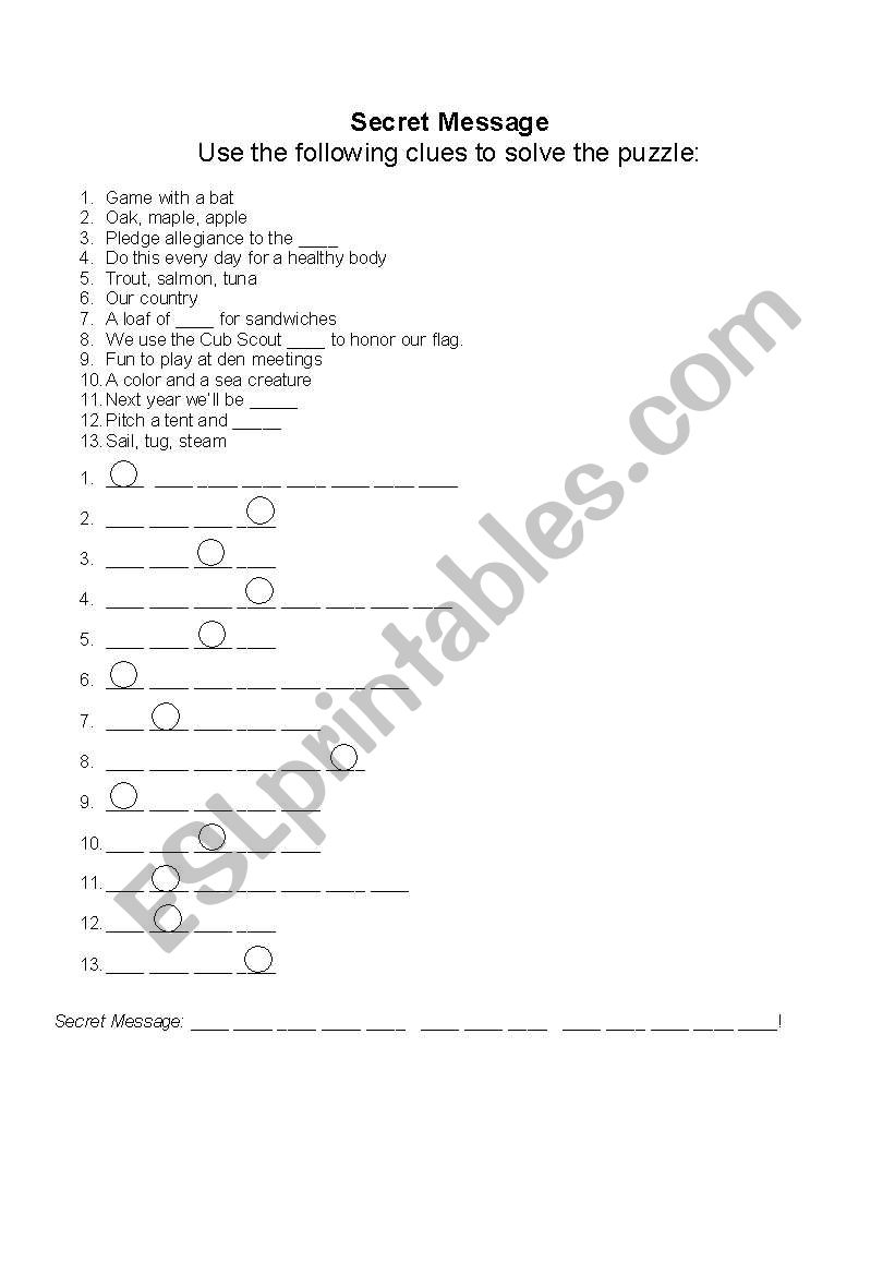 Cub Scout Secret Message worksheet