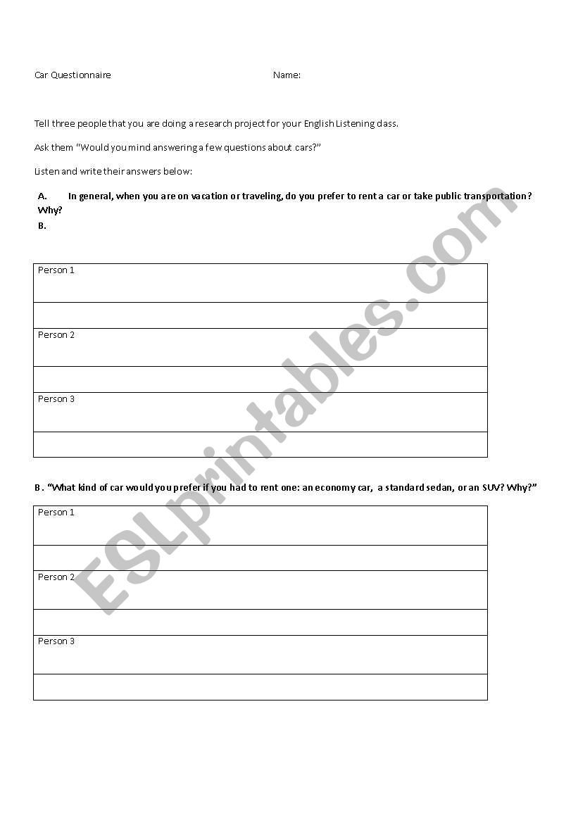 Car Rental Questionnaire worksheet