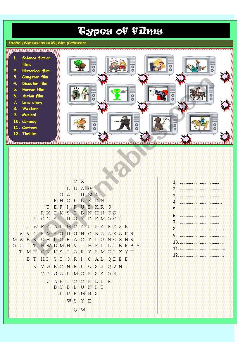 Types of films worksheet