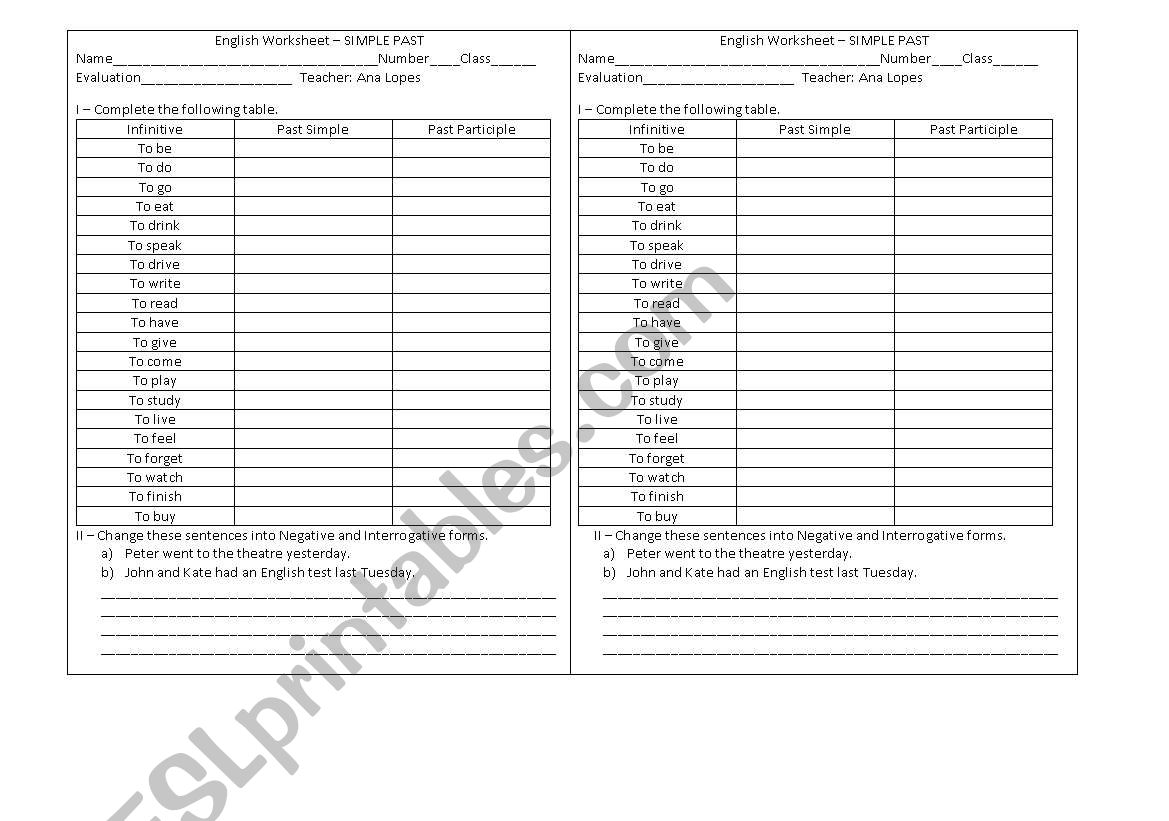 Simple Past Formative Test worksheet