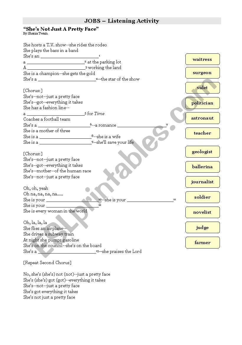 Jobs - Shania TwainÂ´s song  worksheet