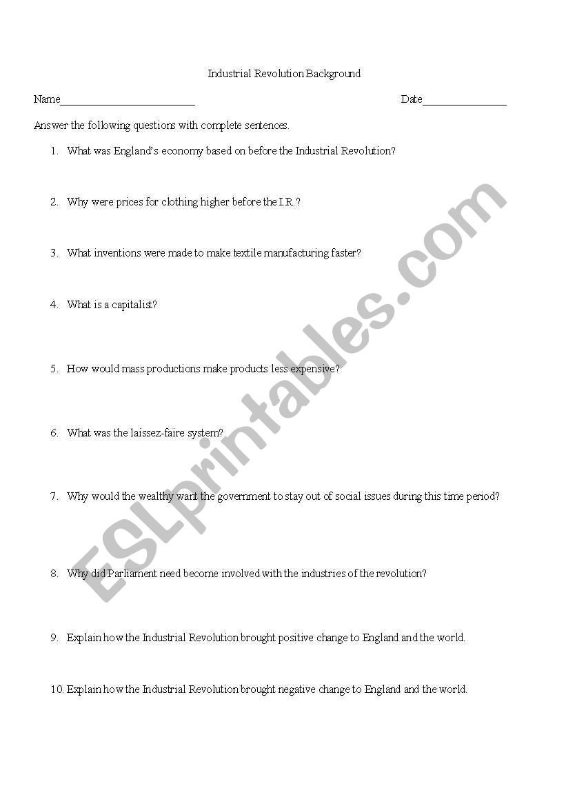 Industrial Revolution Background Questions