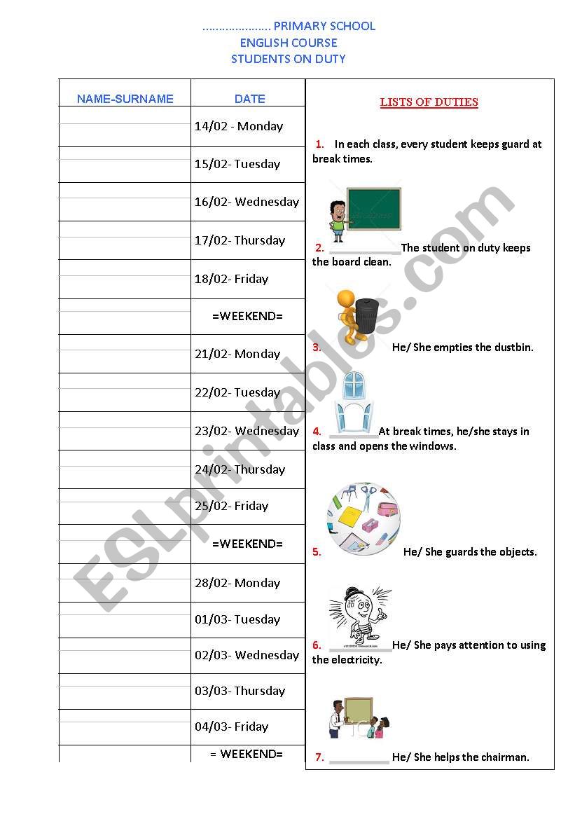 students on duty worksheet