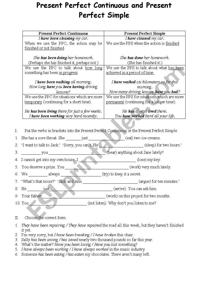 PRESENT PERFECT CONTINUOUS AND PRESENT PERFECT SIMPLE