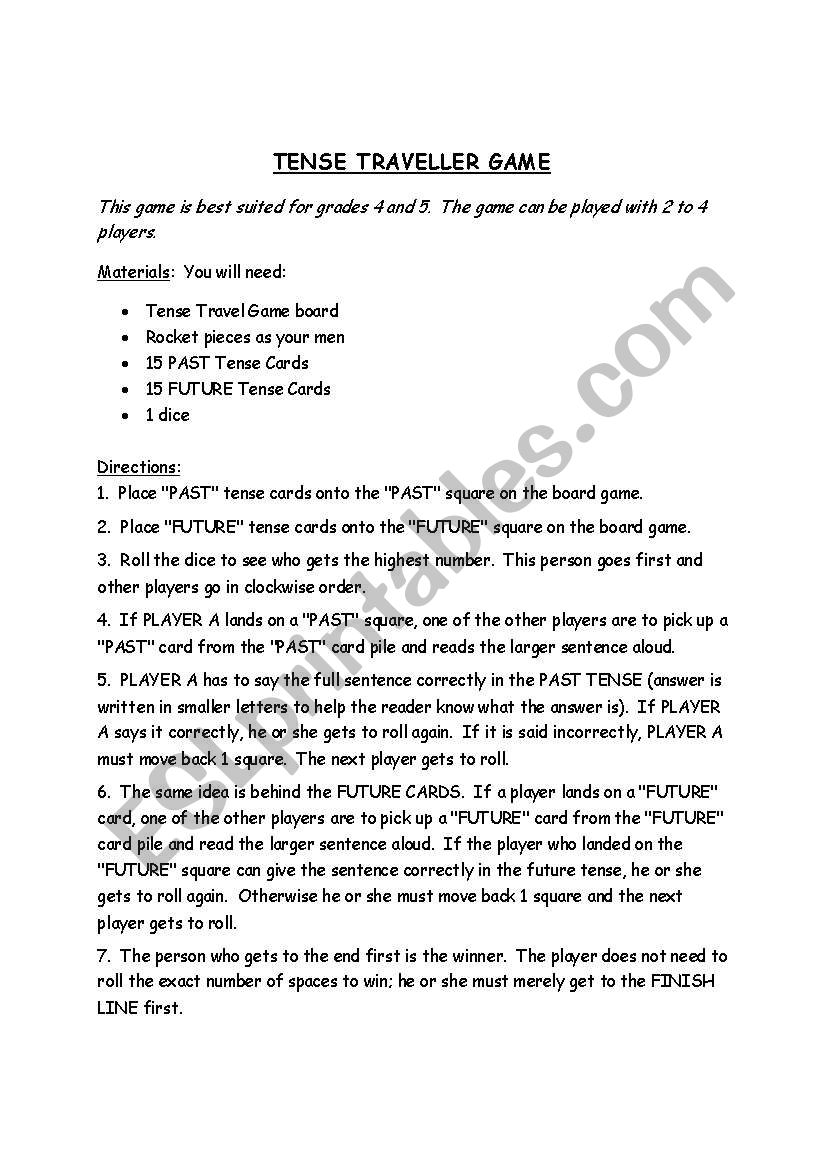 Tense Travel Game worksheet