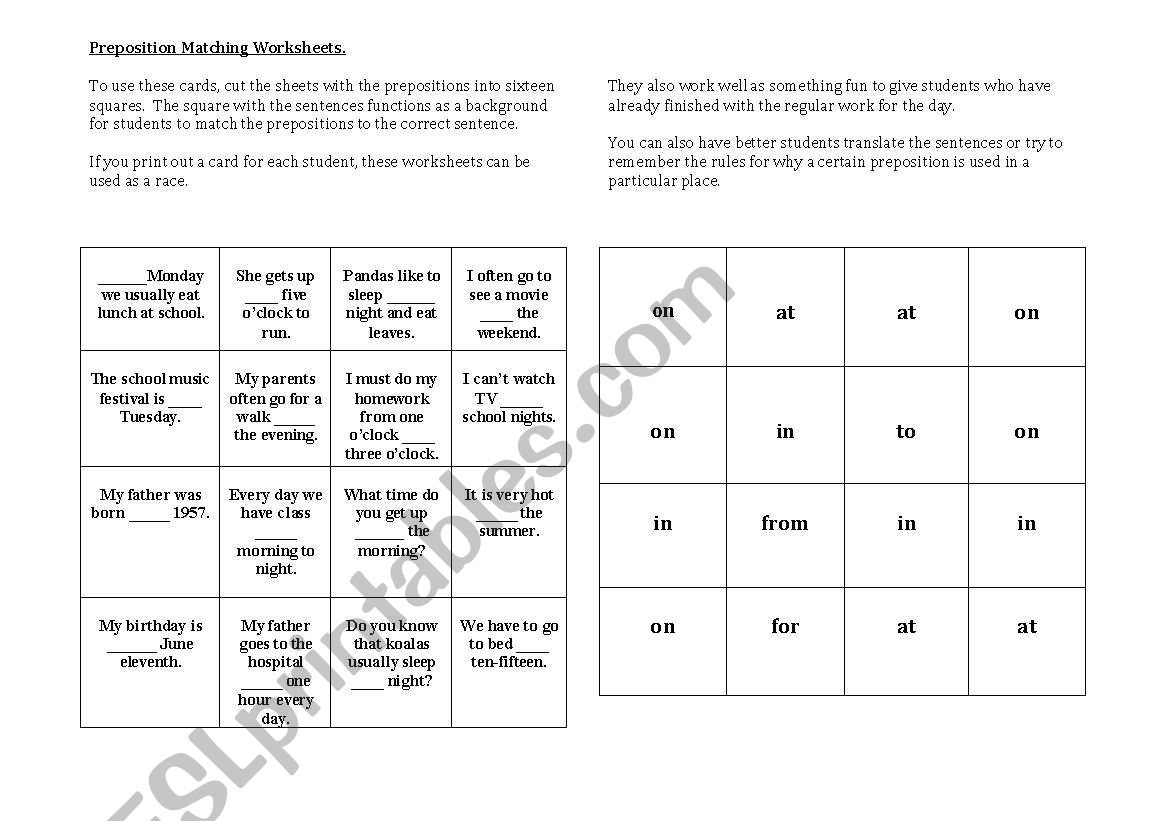 Basic Preposition Matching Cards
