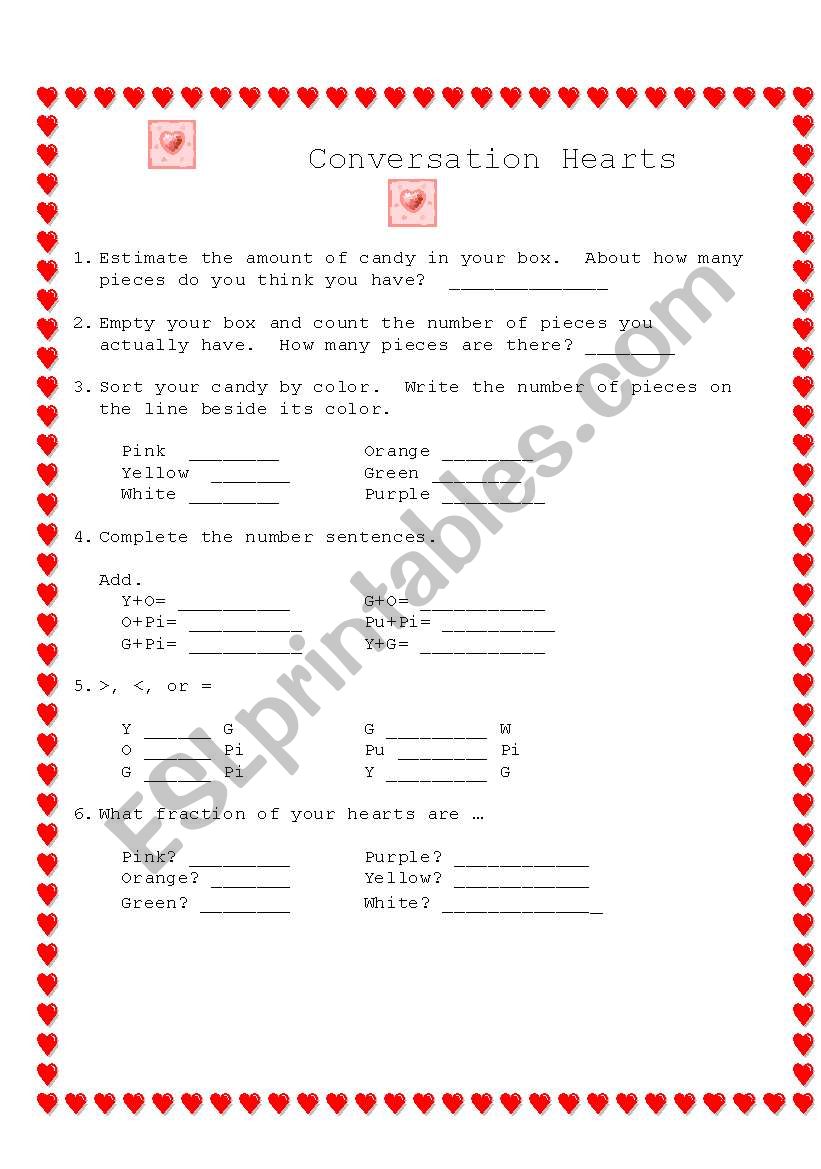 Conversation Hearts: Math  worksheet