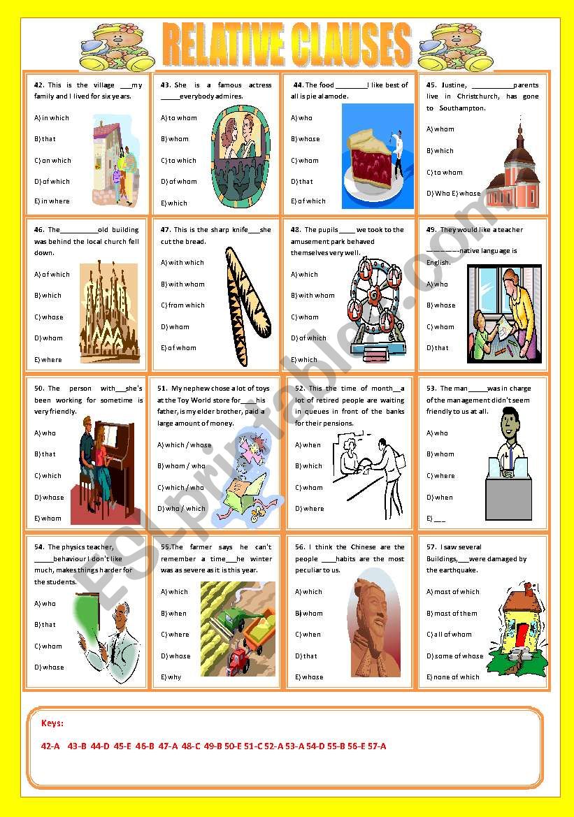 RELATIVE CLAUSES 3 WITH KEYS worksheet