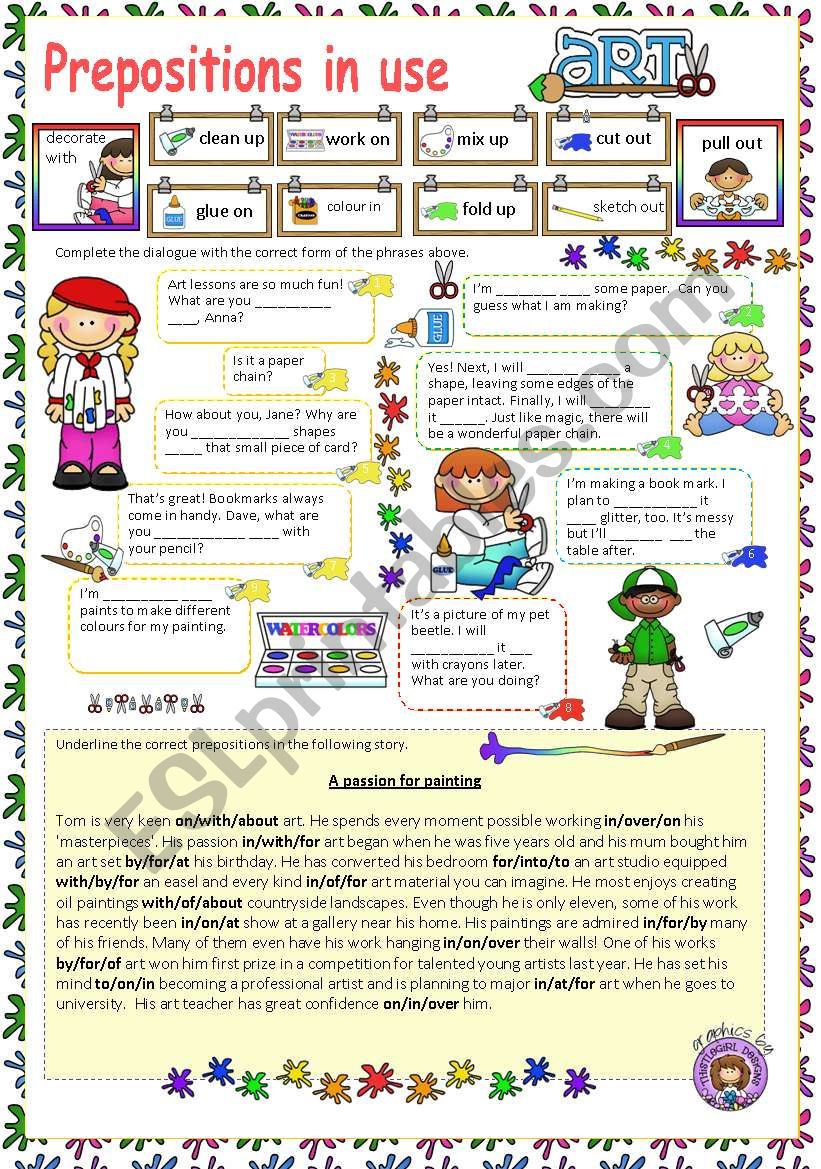 Prepositions in use (6) - Art (editable with key)