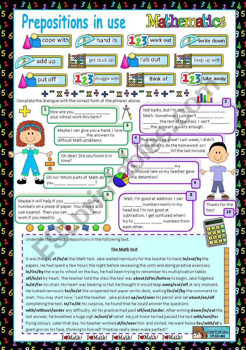 Prepositions in use (4) - Mathematics (editable with key)