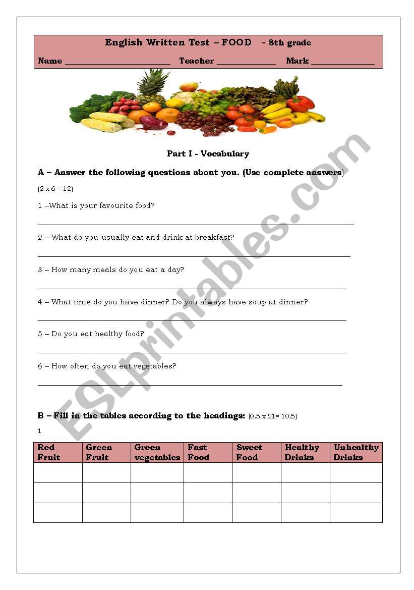 Test about Food worksheet