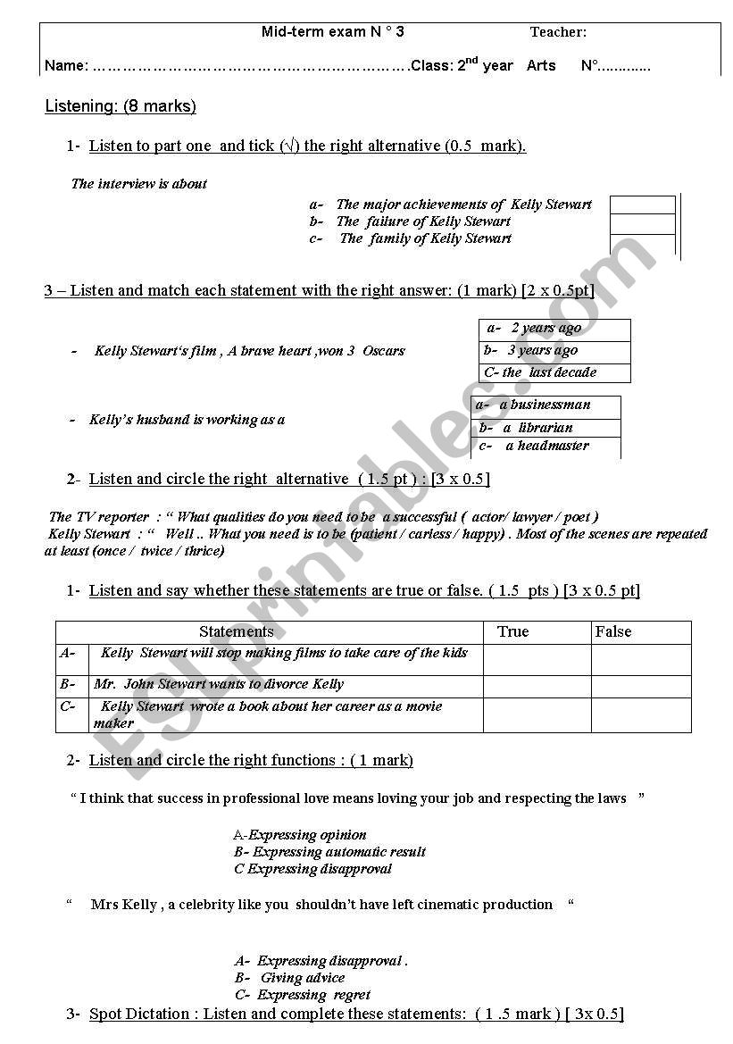 Mid- term exam N° 3   2nd Form secondary education 