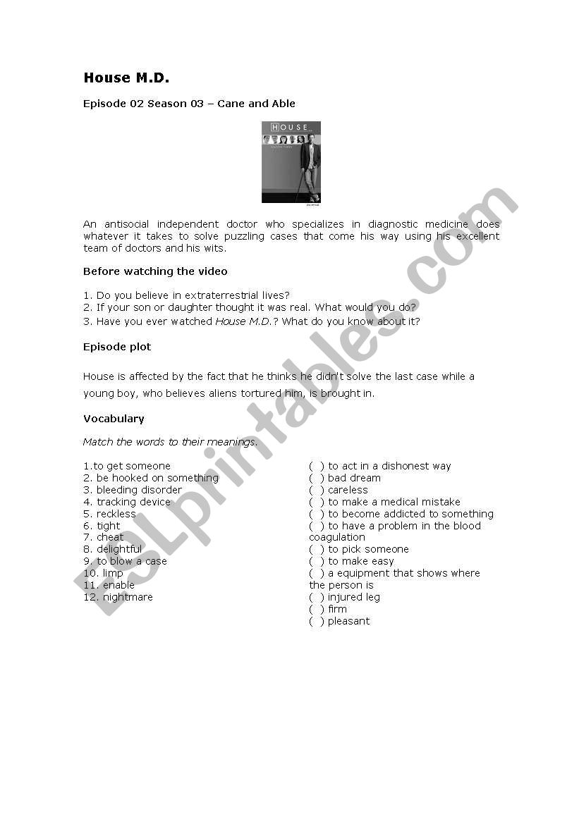 Video Activity - House M.D. worksheet