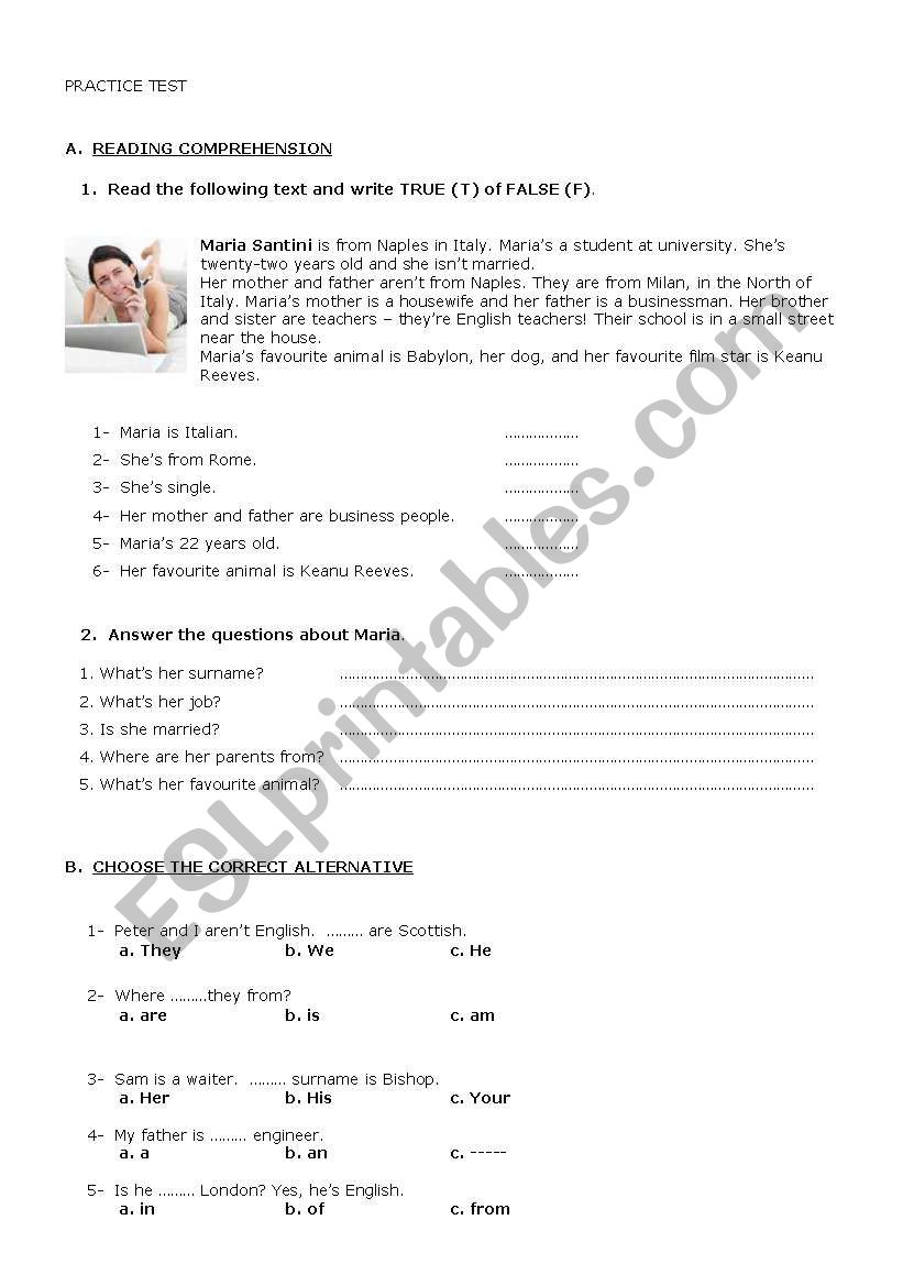 Practice test - Verb TO BE worksheet