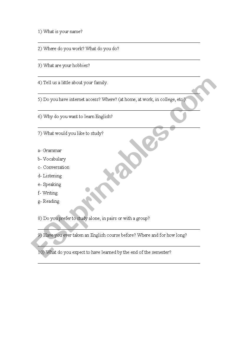 First day questionnaire worksheet