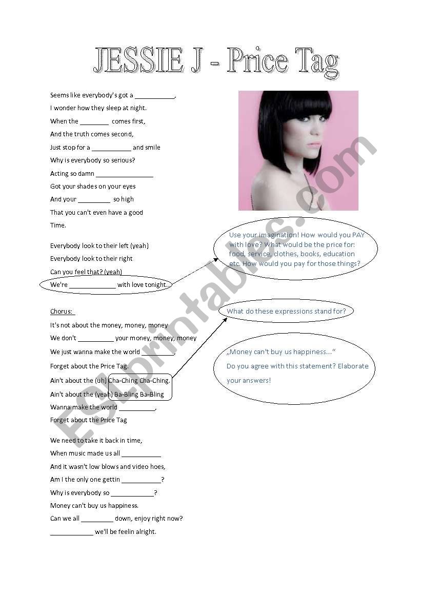 Musical dictation - Jessie J: Price Tag (worksheet)