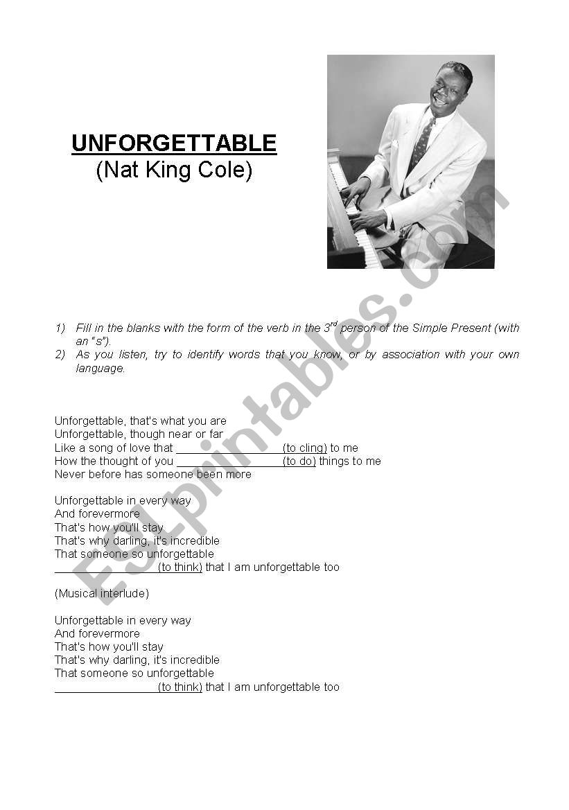 Unforgettable (Nat King Cole) worksheet