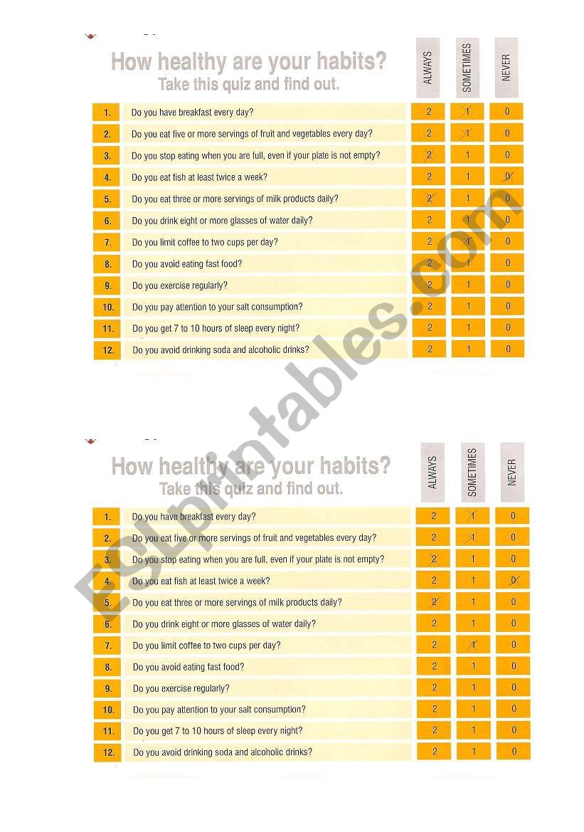 How healthy are your habits? worksheet