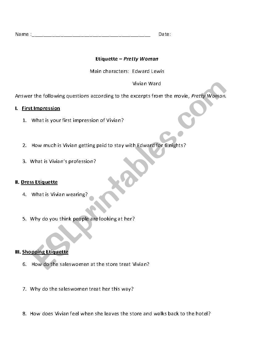 Pretty Woman movie excerpts worksheet