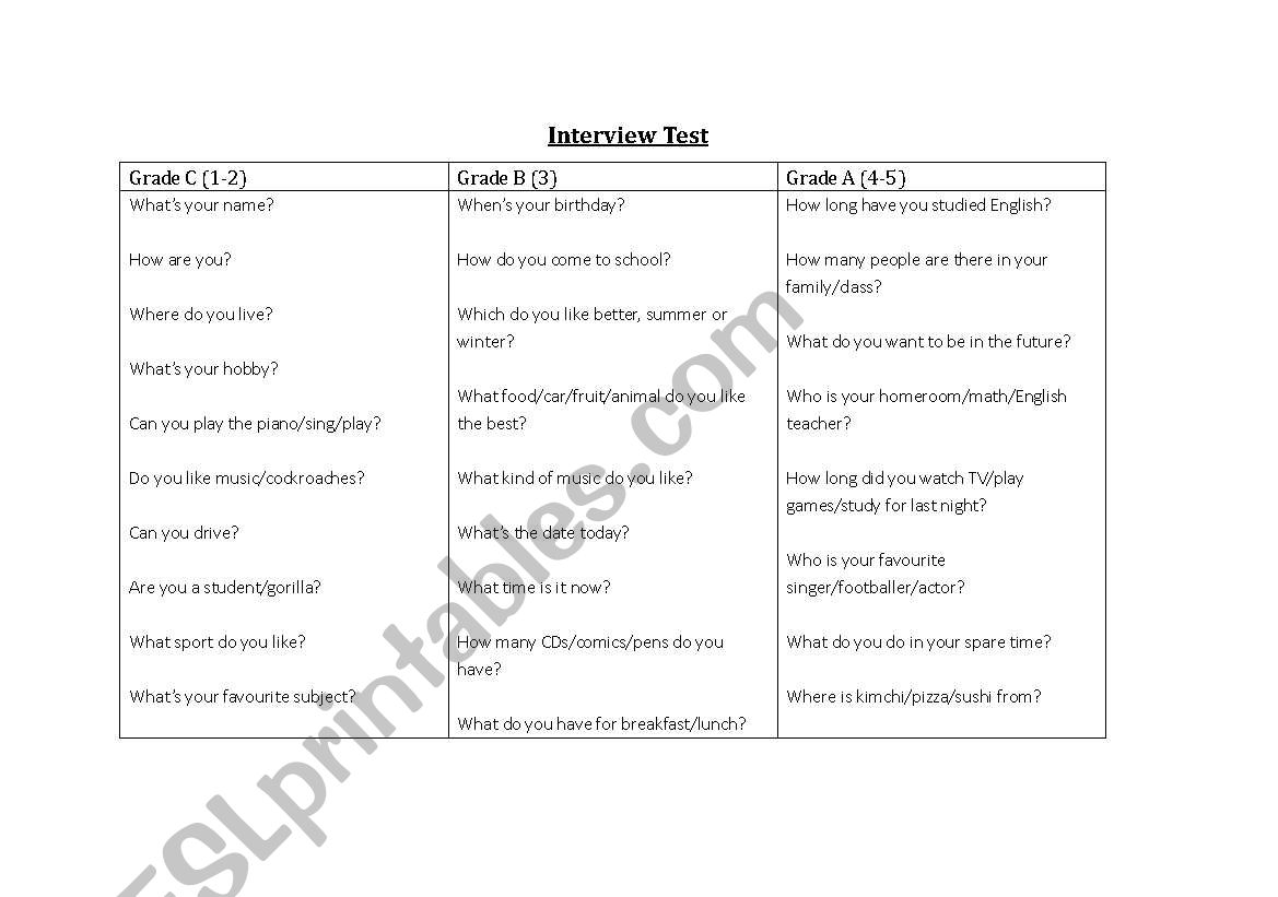 Interview Test Warm Up worksheet