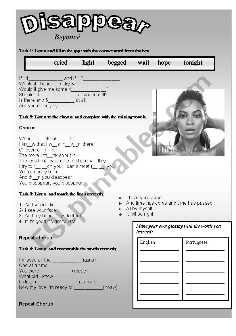 Disappear - Beyonc SONG! worksheet