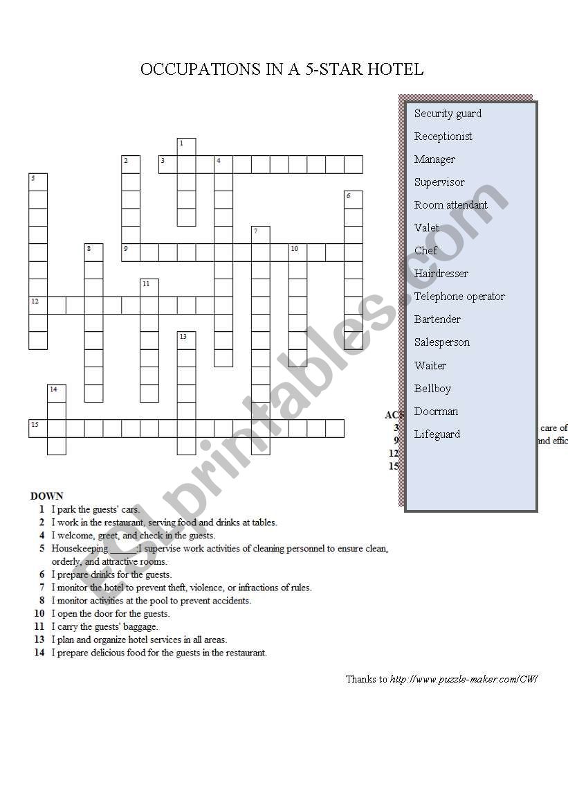 Occupations in a 5-star hotel worksheet