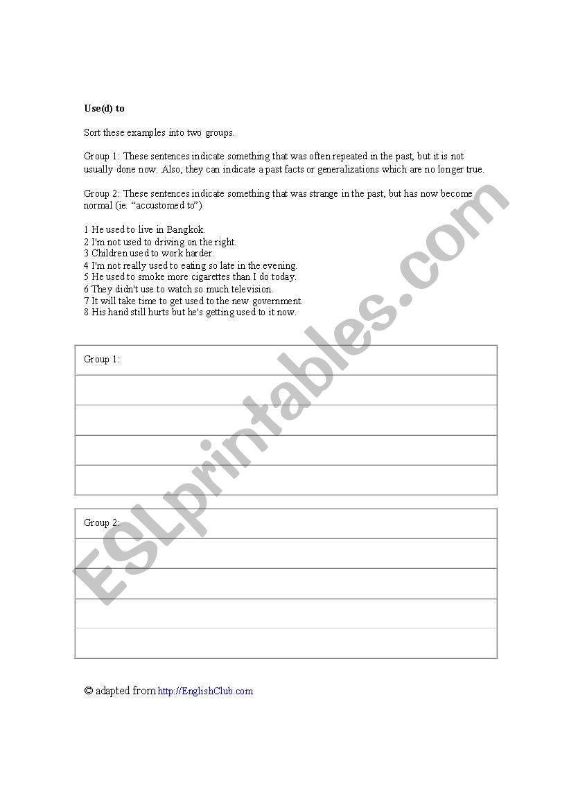 Used to Exercise worksheet